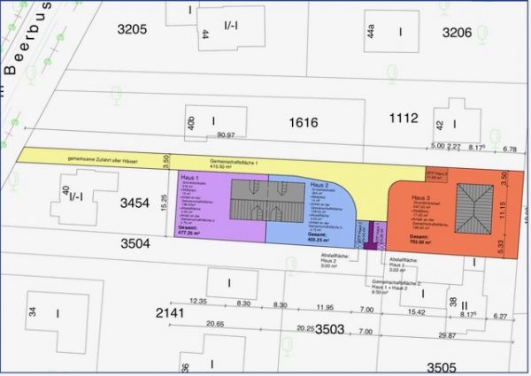 Neubau eines Doppelhauses und eines Einfamilienhauses auf einem rückwärtigen Grundstück