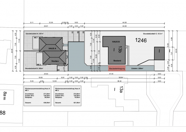 Sanierung eines Einfamilienhauses und Neubau eines Doppelhauses auf dem hinteren Grundstück